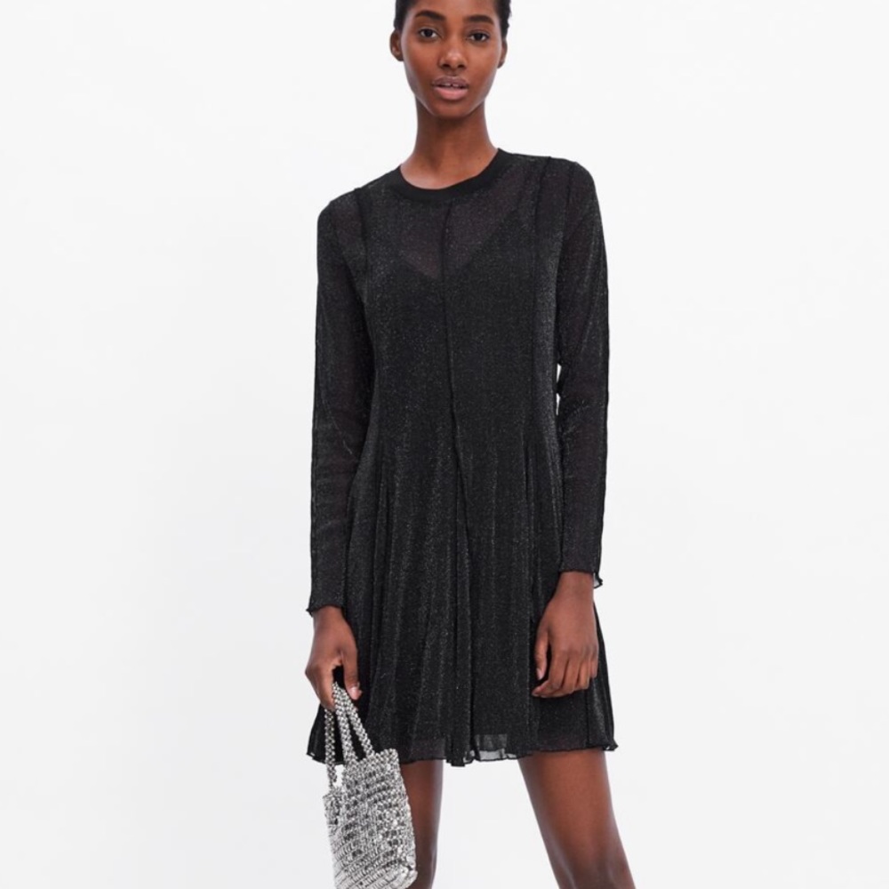 Zara Semi Sheer Mini Dress Long Sleeve Sparkly